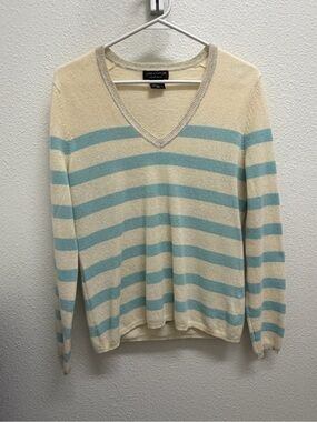 Lord & Taylor 100% Cashmere Pink Striped V-Neck Sweater L
